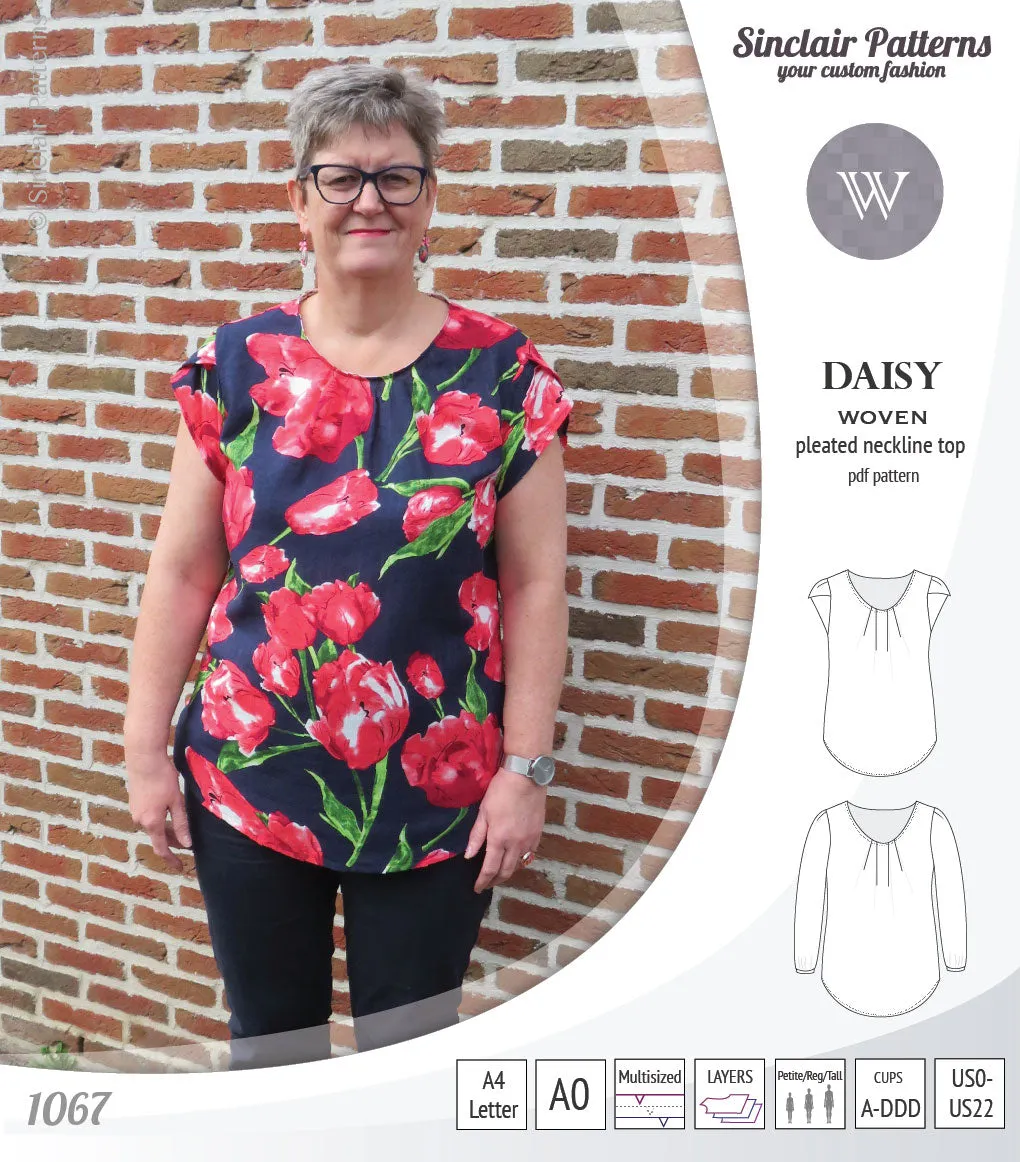 Daisy woven blouse with pleated neckline and petal/long sleeves (PDF)