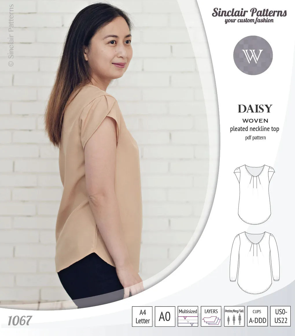 Daisy woven blouse with pleated neckline and petal/long sleeves (PDF)