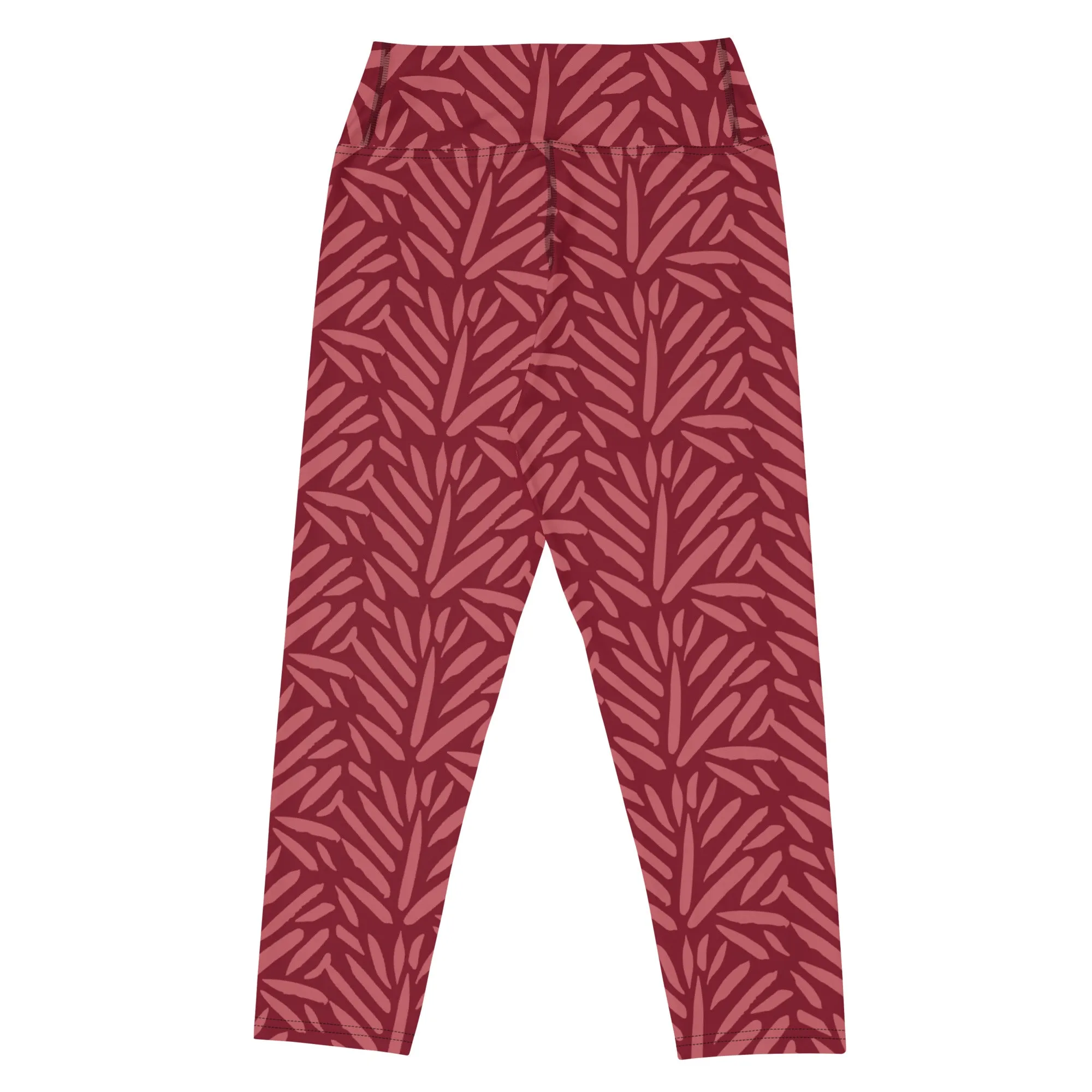 Dark Cherry Red Bamboo Leaf Print Capri Yoga Leggings