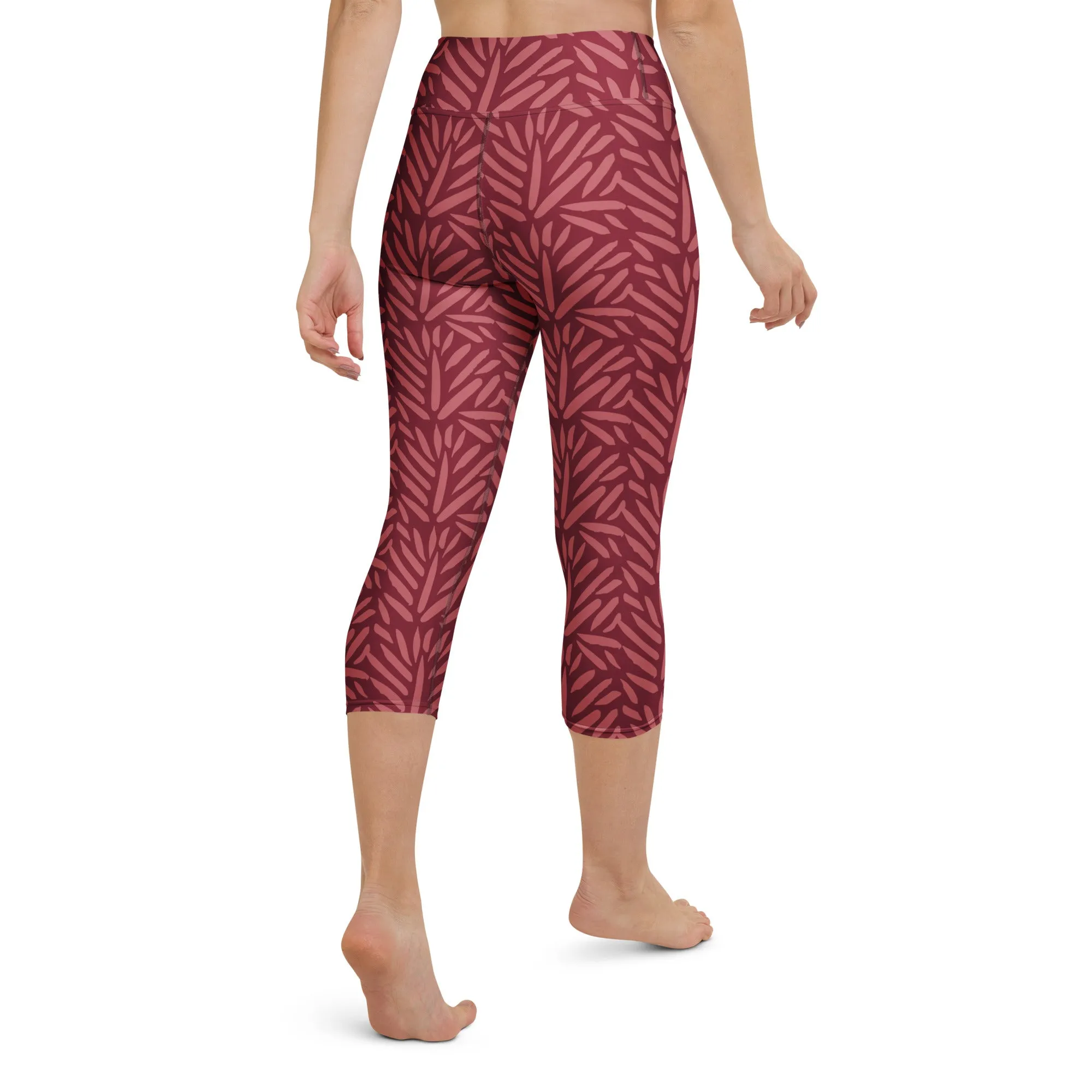 Dark Cherry Red Bamboo Leaf Print Capri Yoga Leggings