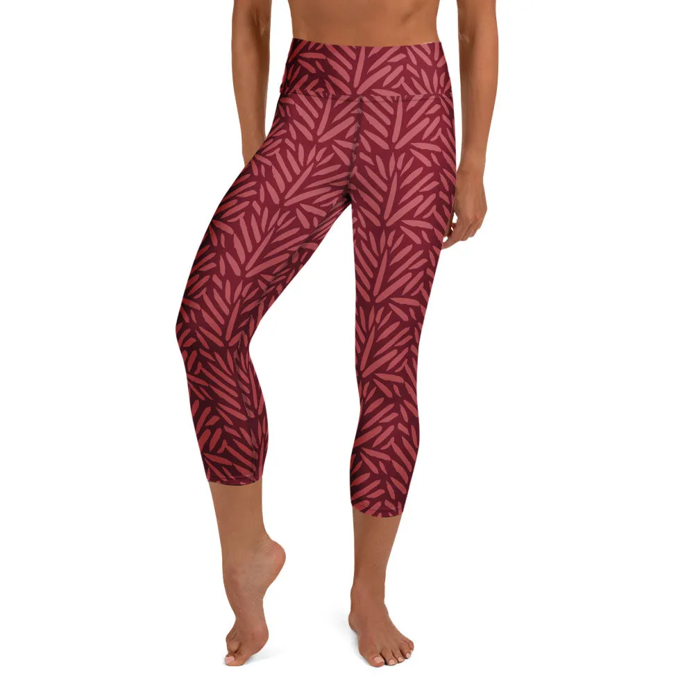 Dark Cherry Red Bamboo Leaf Print Capri Yoga Leggings