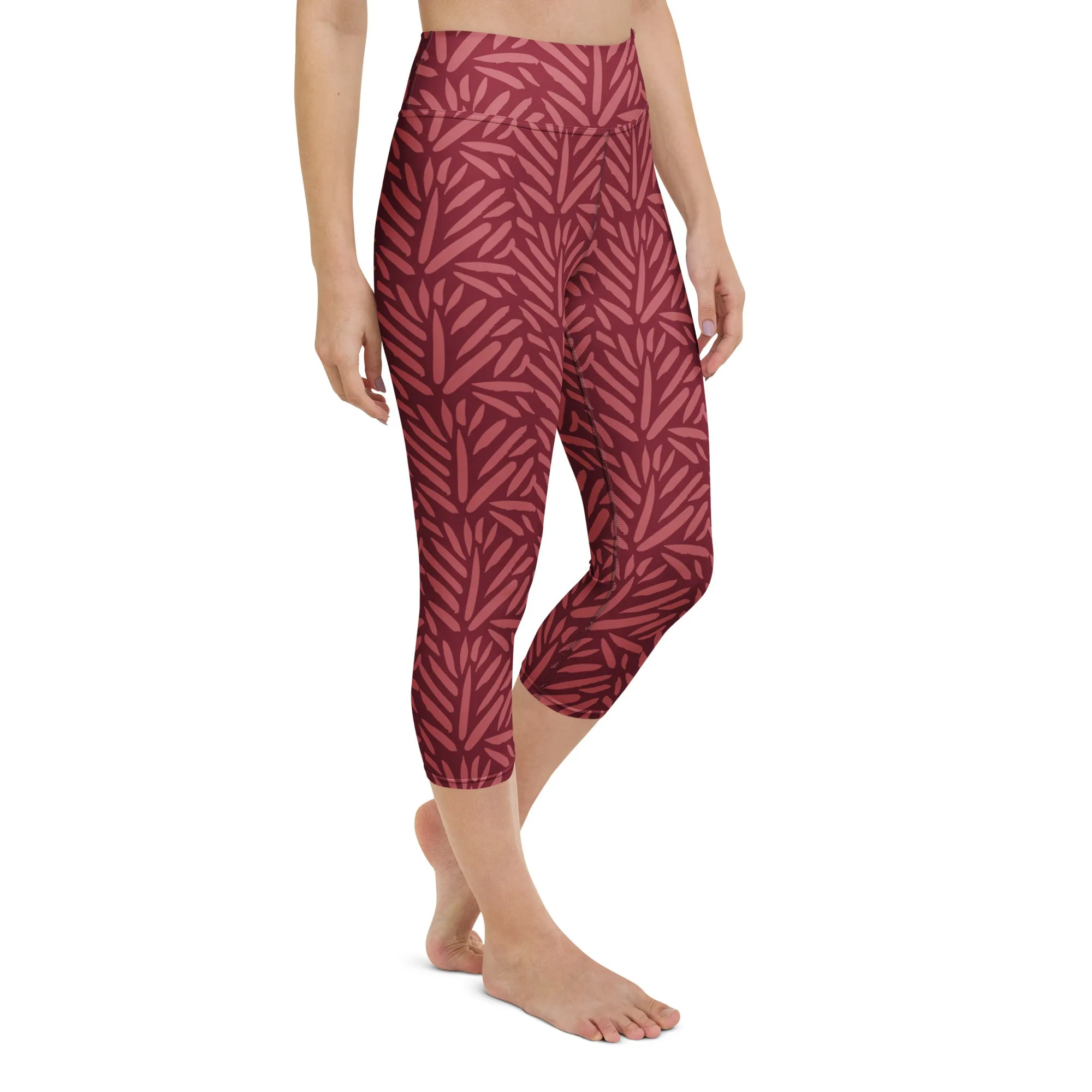 Dark Cherry Red Bamboo Leaf Print Capri Yoga Leggings