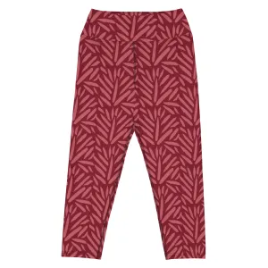 Dark Cherry Red Bamboo Leaf Print Capri Yoga Leggings