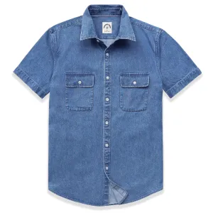 Dubinik®Mens Short Sleeve Button Down Shirts Denim Short Sleeve Shirt Men Two Pocket Western Soft Work Casual Denim Shirt