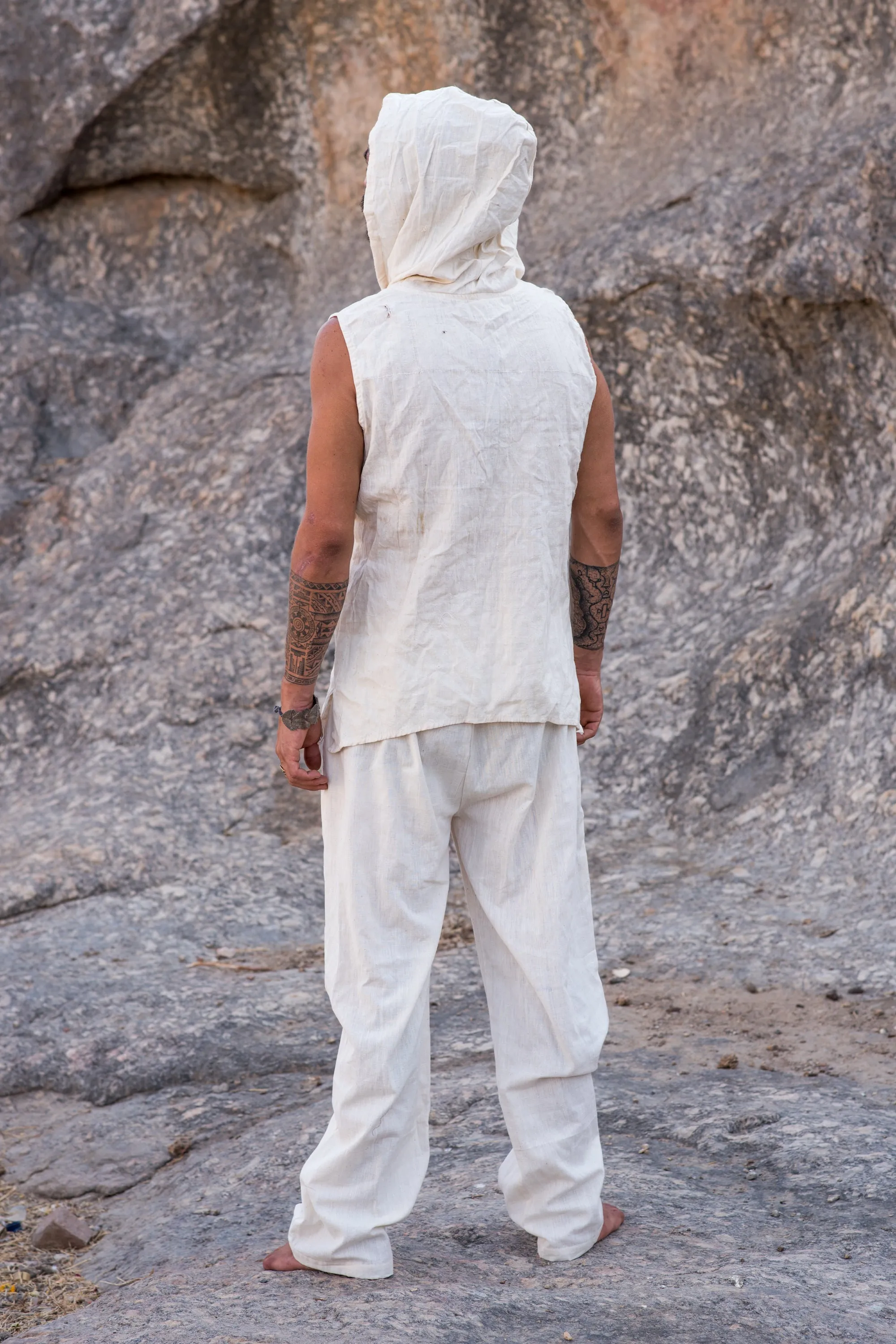 Earthy Summer Outfit ⫷⫸ Sleeveless Shirt with Hoodie   Men Pants ⋙ Handwoven (Khadi) Cotton