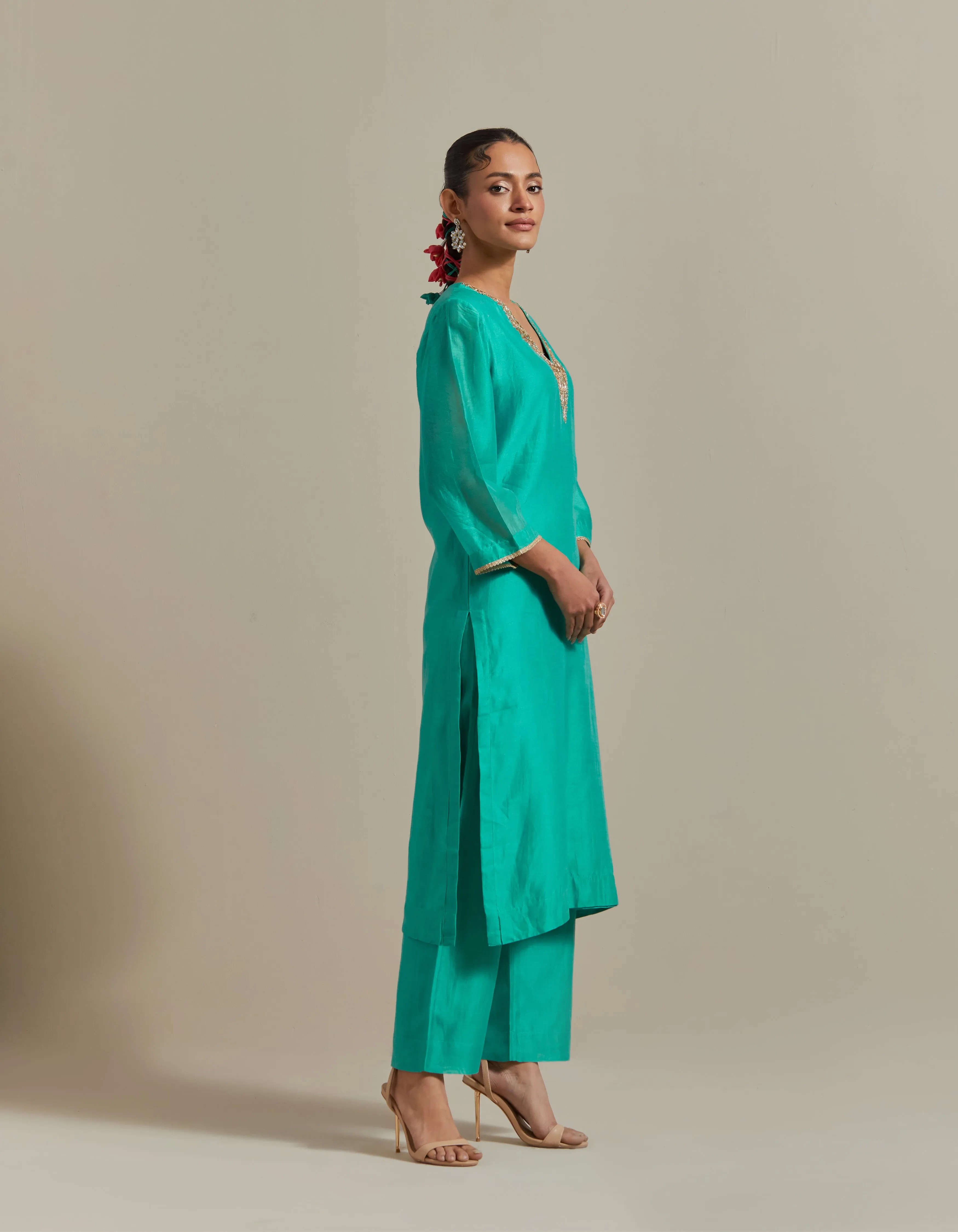 Embroidered Straight Kurta with Pants and Dupatta in Aqua Chanderi Handloom (Set of 3)