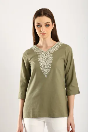 Embroidered V-neck Linen Blouse in Olive Green