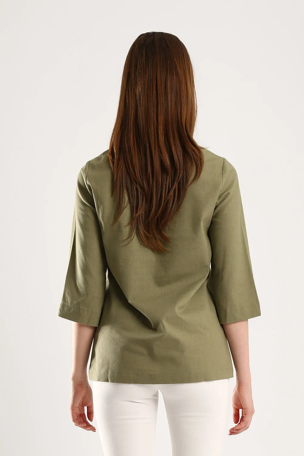 Embroidered V-neck Linen Blouse in Olive Green