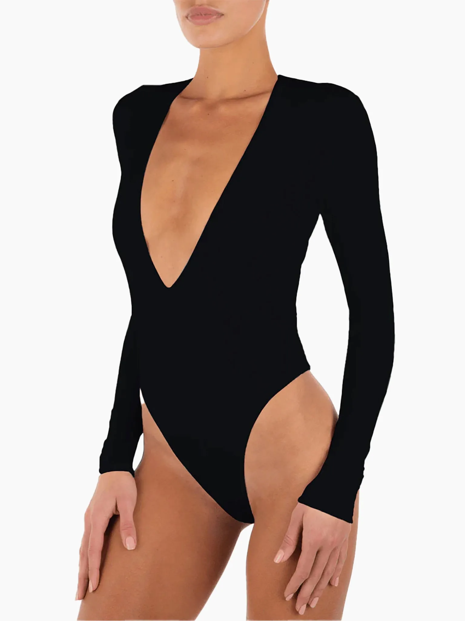 ETERNE Long Sleeve Deep V Bodysuit in Black