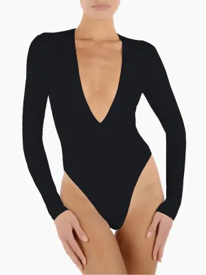 ETERNE Long Sleeve Deep V Bodysuit in Black