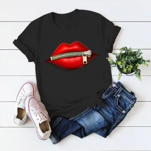 Fashion Women's Casual Sequins Red Lip T-Shirt Short Sleeve T-Shirts 2025 Vintage Creativity zipper Lips T-Shirt,drop ship