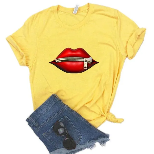 Fashion Women's Casual Sequins Red Lip T-Shirt Short Sleeve T-Shirts 2025 Vintage Creativity zipper Lips T-Shirt,drop ship