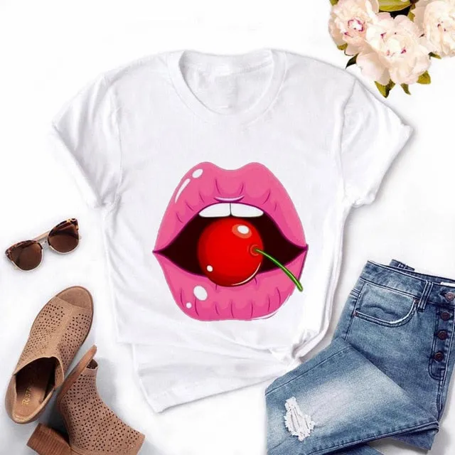 Fashion Women's Casual Sequins Red Lip T-Shirt Short Sleeve T-Shirts 2025 Vintage Creativity zipper Lips T-Shirt,drop ship