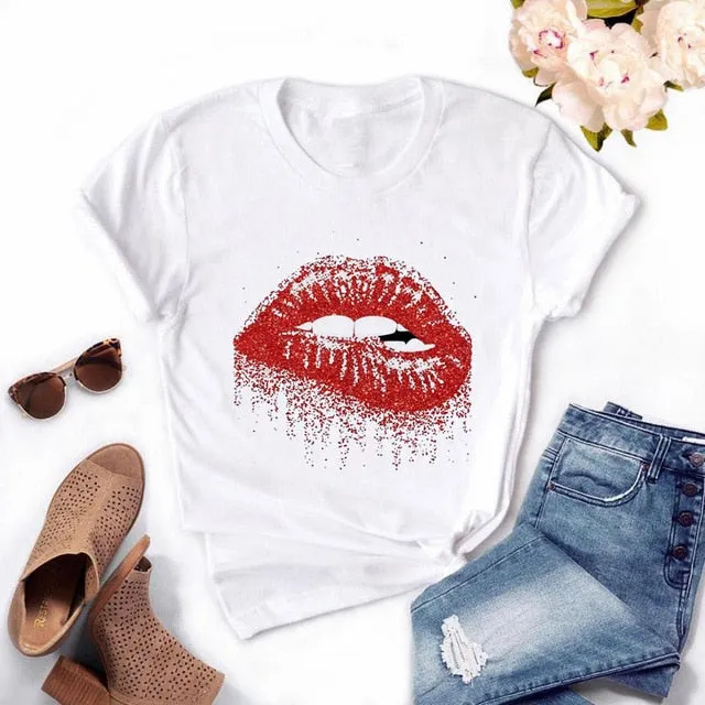 Fashion Women's Casual Sequins Red Lip T-Shirt Short Sleeve T-Shirts 2025 Vintage Creativity zipper Lips T-Shirt,drop ship