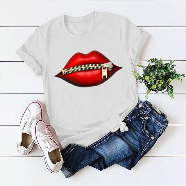 Fashion Women's Casual Sequins Red Lip T-Shirt Short Sleeve T-Shirts 2025 Vintage Creativity zipper Lips T-Shirt,drop ship