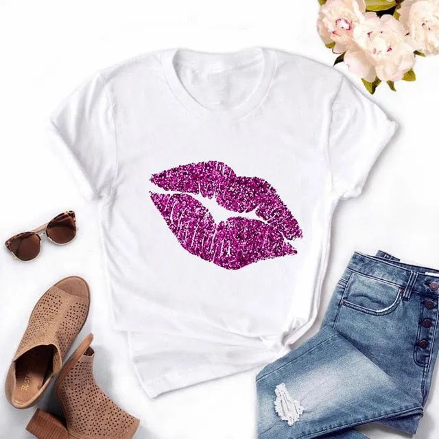 Fashion Women's Casual Sequins Red Lip T-Shirt Short Sleeve T-Shirts 2025 Vintage Creativity zipper Lips T-Shirt,drop ship
