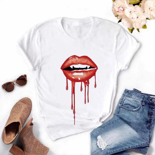 Fashion Women's Casual Sequins Red Lip T-Shirt Short Sleeve T-Shirts 2025 Vintage Creativity zipper Lips T-Shirt,drop ship
