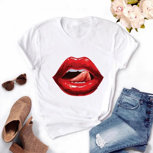 Fashion Women's Casual Sequins Red Lip T-Shirt Short Sleeve T-Shirts 2025 Vintage Creativity zipper Lips T-Shirt,drop ship
