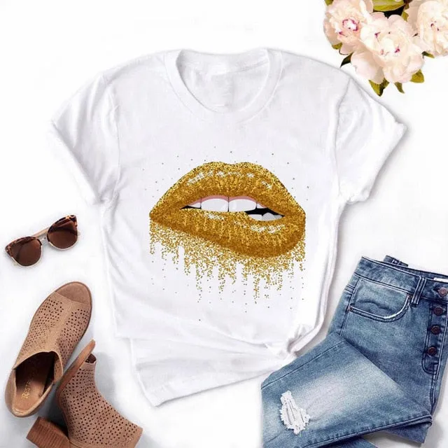 Fashion Women's Casual Sequins Red Lip T-Shirt Short Sleeve T-Shirts 2025 Vintage Creativity zipper Lips T-Shirt,drop ship