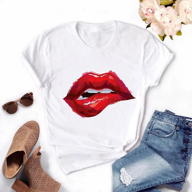 Fashion Women's Casual Sequins Red Lip T-Shirt Short Sleeve T-Shirts 2025 Vintage Creativity zipper Lips T-Shirt,drop ship