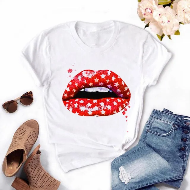 Fashion Women's Casual Sequins Red Lip T-Shirt Short Sleeve T-Shirts 2025 Vintage Creativity zipper Lips T-Shirt,drop ship
