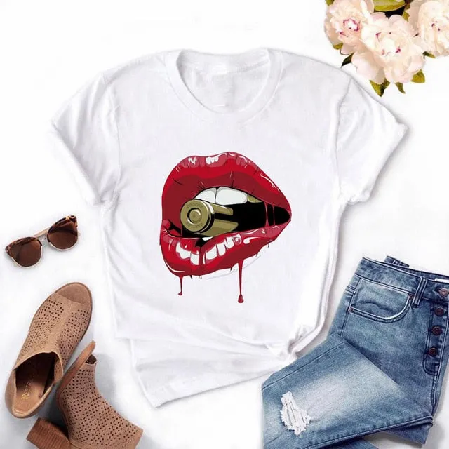 Fashion Women's Casual Sequins Red Lip T-Shirt Short Sleeve T-Shirts 2025 Vintage Creativity zipper Lips T-Shirt,drop ship
