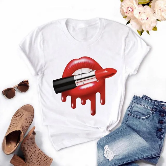 Fashion Women's Casual Sequins Red Lip T-Shirt Short Sleeve T-Shirts 2025 Vintage Creativity zipper Lips T-Shirt,drop ship