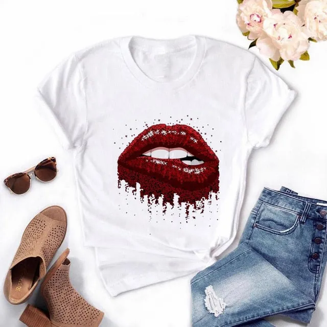 Fashion Women's Casual Sequins Red Lip T-Shirt Short Sleeve T-Shirts 2025 Vintage Creativity zipper Lips T-Shirt,drop ship