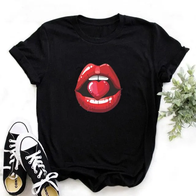 Fashion Women's Casual Sequins Red Lip T-Shirt Short Sleeve T-Shirts 2025 Vintage Creativity zipper Lips T-Shirt,drop ship