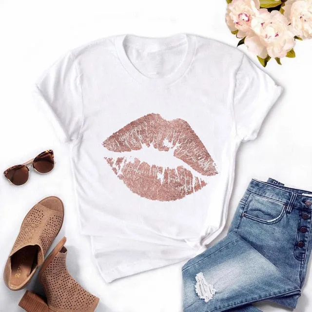 Fashion Women's Casual Sequins Red Lip T-Shirt Short Sleeve T-Shirts 2025 Vintage Creativity zipper Lips T-Shirt,drop ship