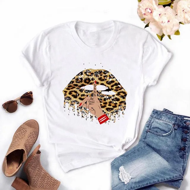 Fashion Women's Casual Sequins Red Lip T-Shirt Short Sleeve T-Shirts 2025 Vintage Creativity zipper Lips T-Shirt,drop ship