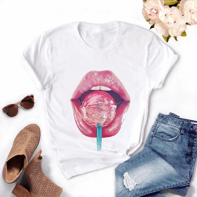 Fashion Women's Casual Sequins Red Lip T-Shirt Short Sleeve T-Shirts 2025 Vintage Creativity zipper Lips T-Shirt,drop ship