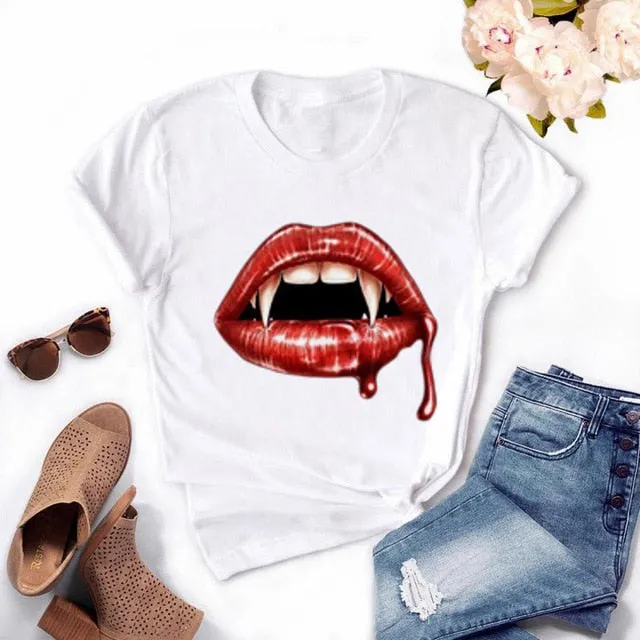 Fashion Women's Casual Sequins Red Lip T-Shirt Short Sleeve T-Shirts 2025 Vintage Creativity zipper Lips T-Shirt,drop ship