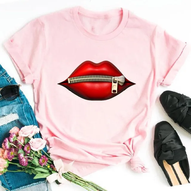 Fashion Women's Casual Sequins Red Lip T-Shirt Short Sleeve T-Shirts 2025 Vintage Creativity zipper Lips T-Shirt,drop ship