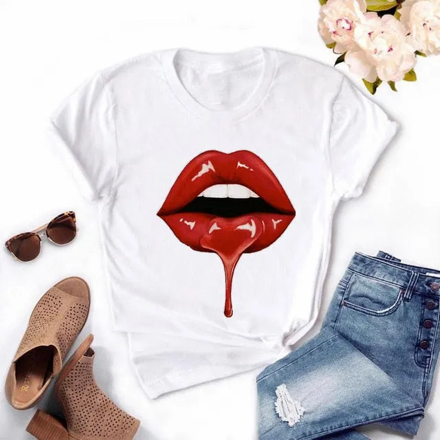 Fashion Women's Casual Sequins Red Lip T-Shirt Short Sleeve T-Shirts 2025 Vintage Creativity zipper Lips T-Shirt,drop ship