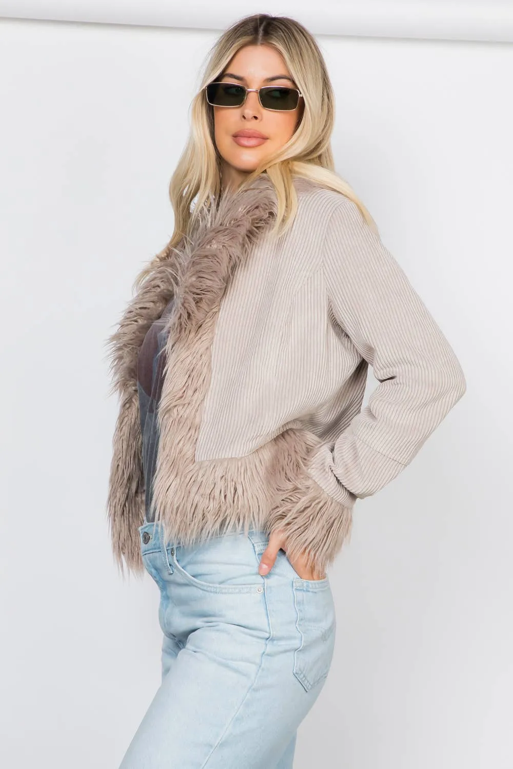 Faux Fur Trim Corduroy Jacket