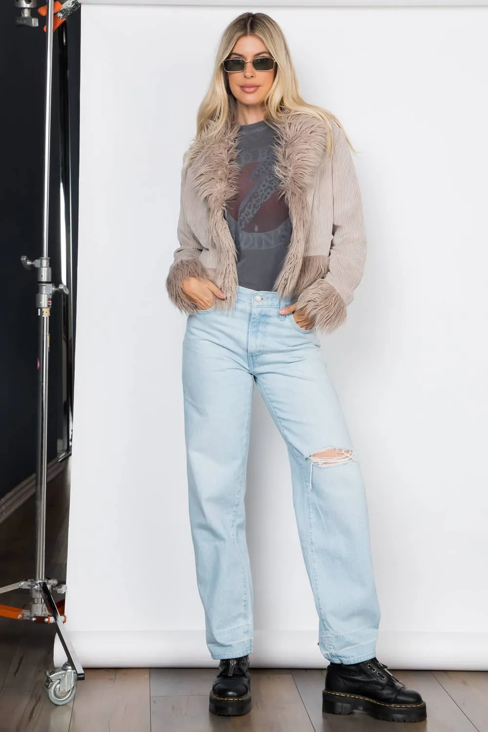 Faux Fur Trim Corduroy Jacket