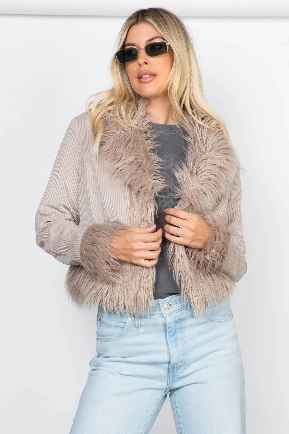Faux Fur Trim Corduroy Jacket