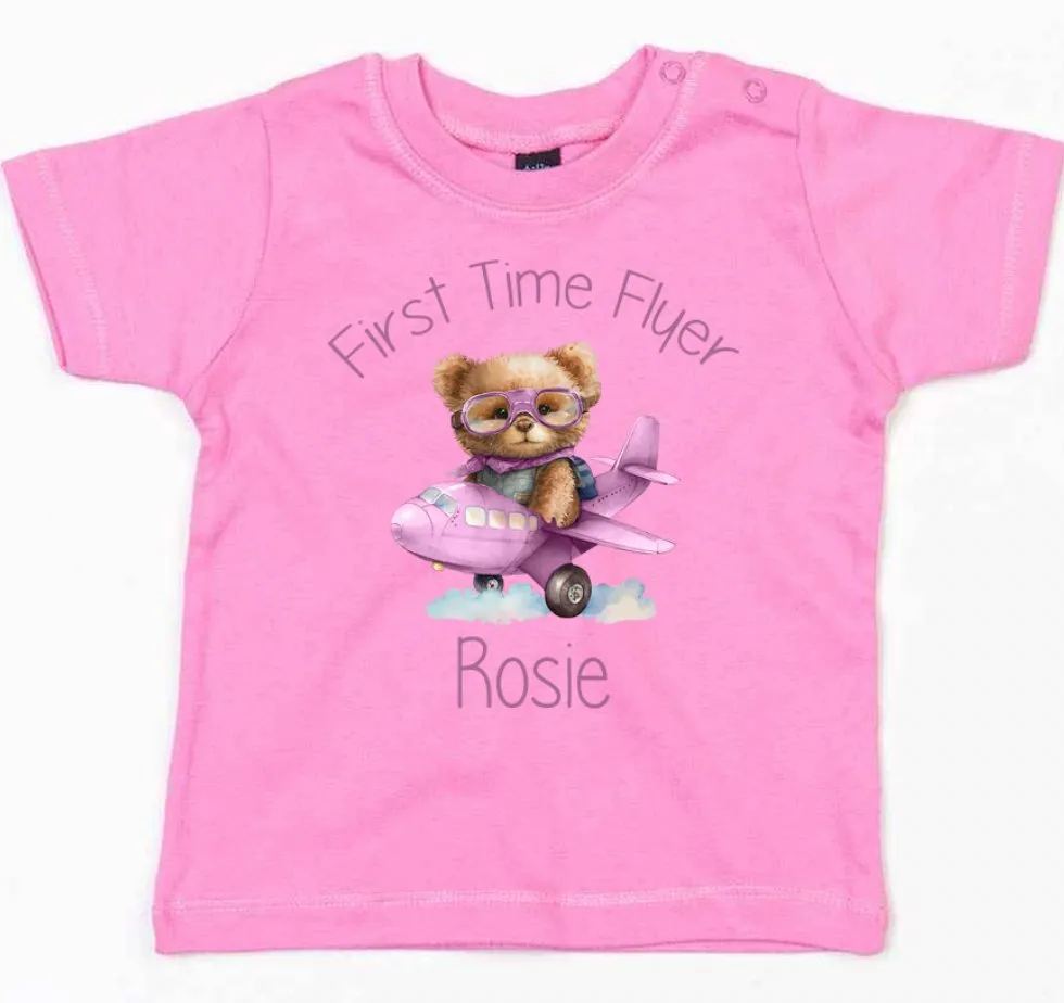 First Time Flyer personalised t-shirt with Pink Design - various colour tops