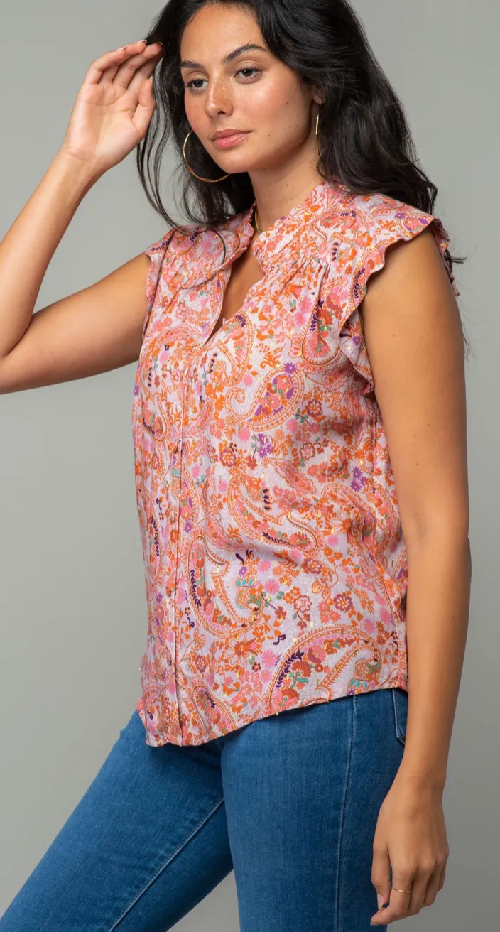 Floral Metalic Ruffle Sleeve Blouse