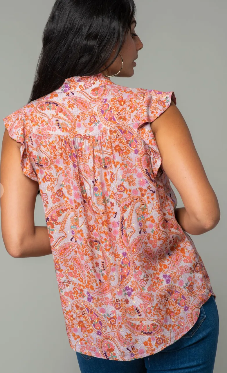 Floral Metalic Ruffle Sleeve Blouse