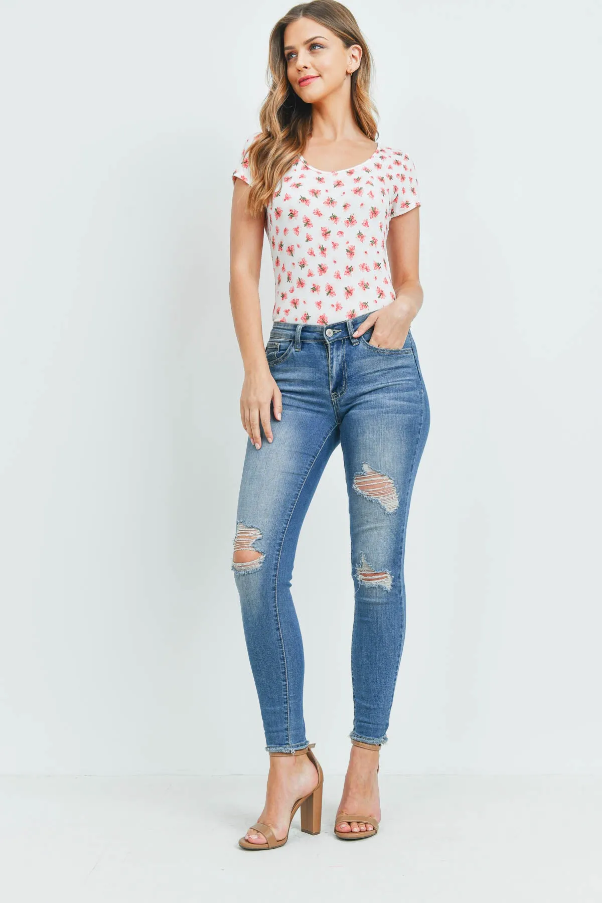 Floral Print Round Neck Bodysuit