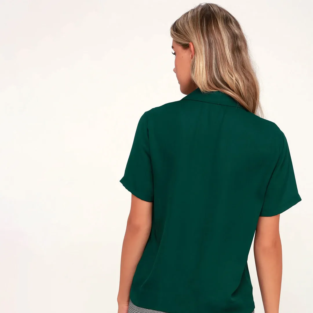 Good Luck Charm Dark Green Short Sleeve Button-Up Top