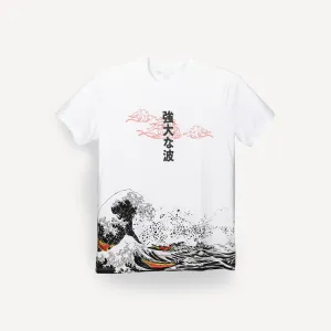 Graphic Wrap Around Crewneck Tee - White / Kanji Strong Wave