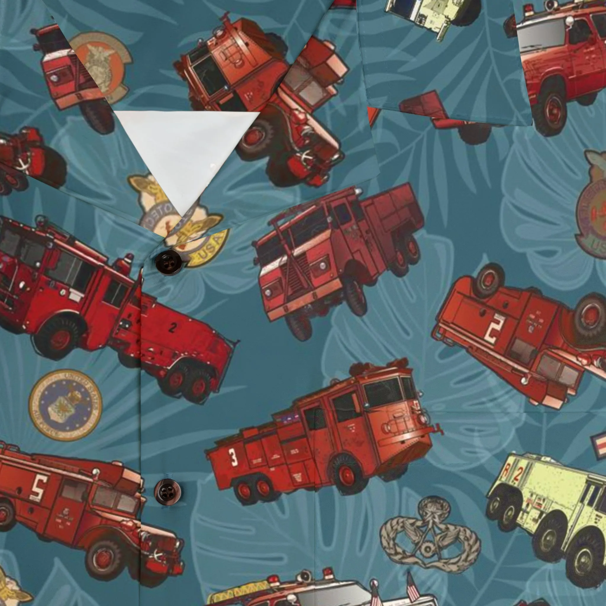 Hawaiian Shirt - "Vietnam Era Crash Trucks" - Light Blue in Cotton