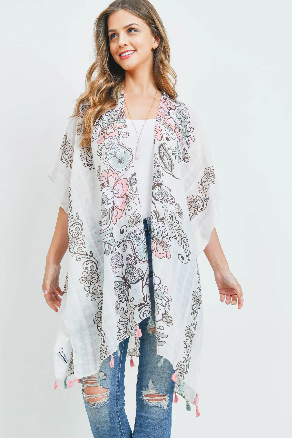 HDF3371 - FLORAL PRINT OPEN FRONT TASSEL KIMONO
