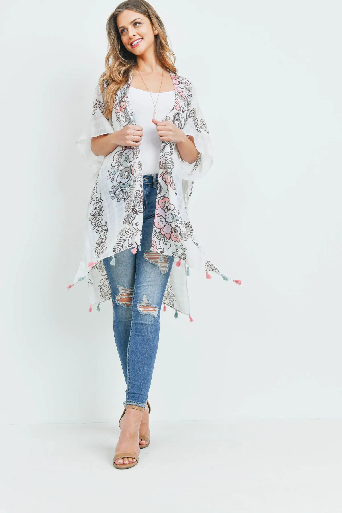 HDF3371 - FLORAL PRINT OPEN FRONT TASSEL KIMONO