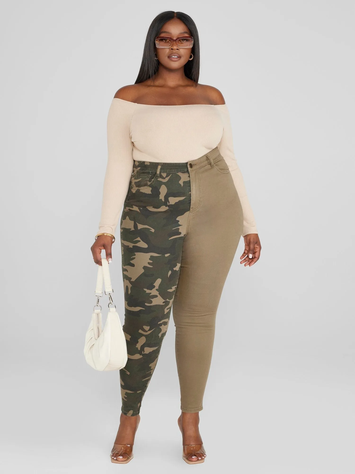 High Rise Two-Tone Camo Skinny Jeans - Short Inseam