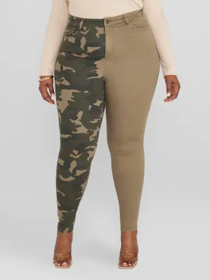 High Rise Two-Tone Camo Skinny Jeans - Short Inseam
