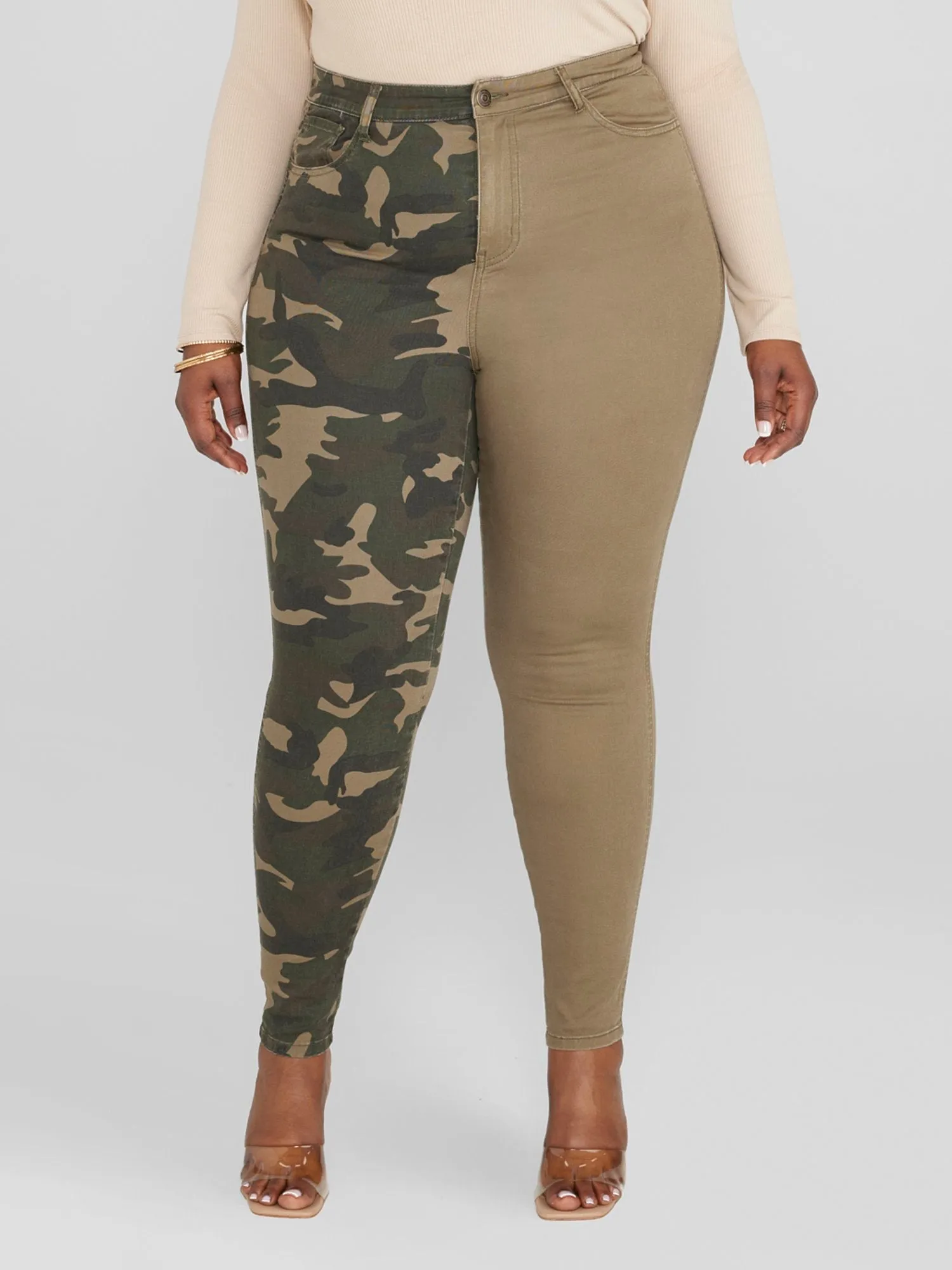 High Rise Two-Tone Camo Skinny Jeans - Short Inseam